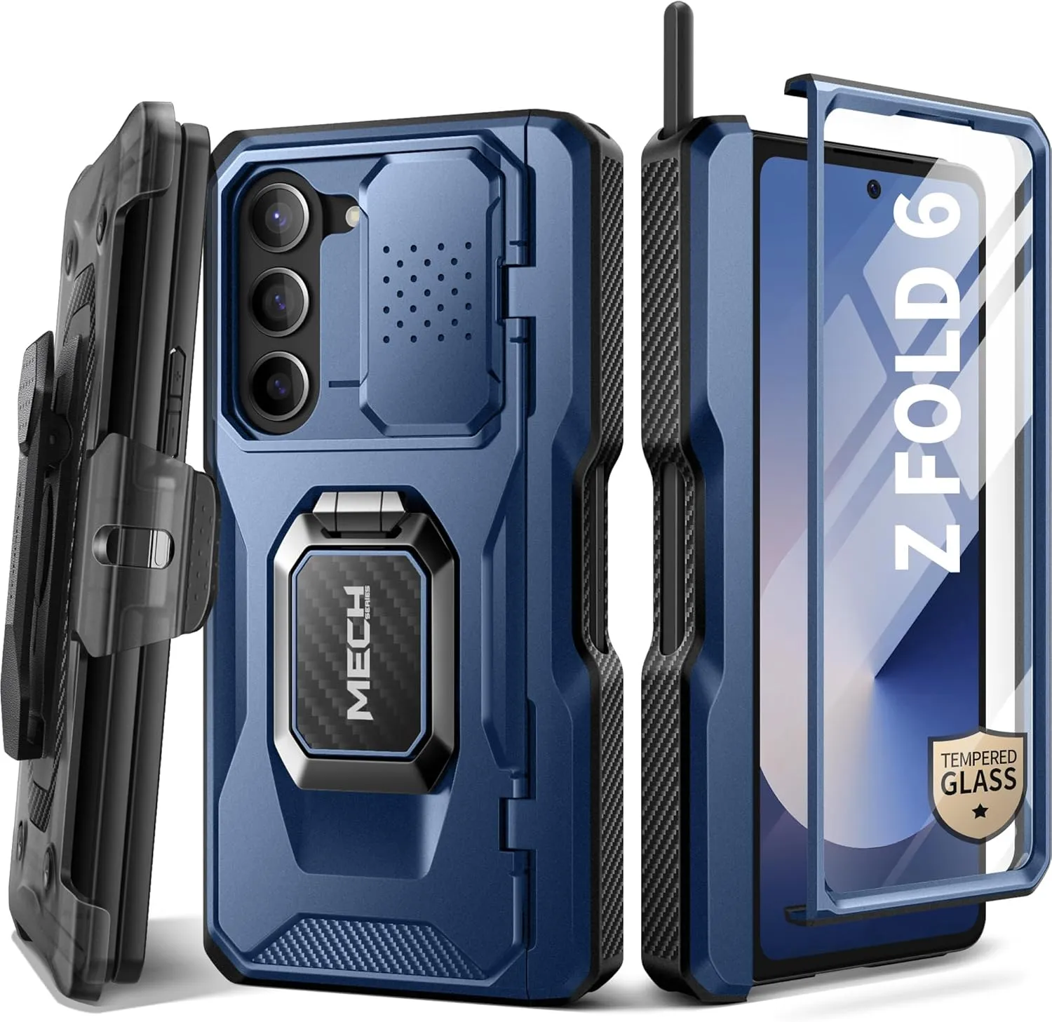 TONGATE for Z Fold 6 Case with Ring Stand, Built-in S Pen Holder & Glass Screen Protector Shockproof Rugged Z6 Phone Case with Slide Camera Cover & Belt Clip for Samsung Galaxy Z Fold 6 2024, Blue