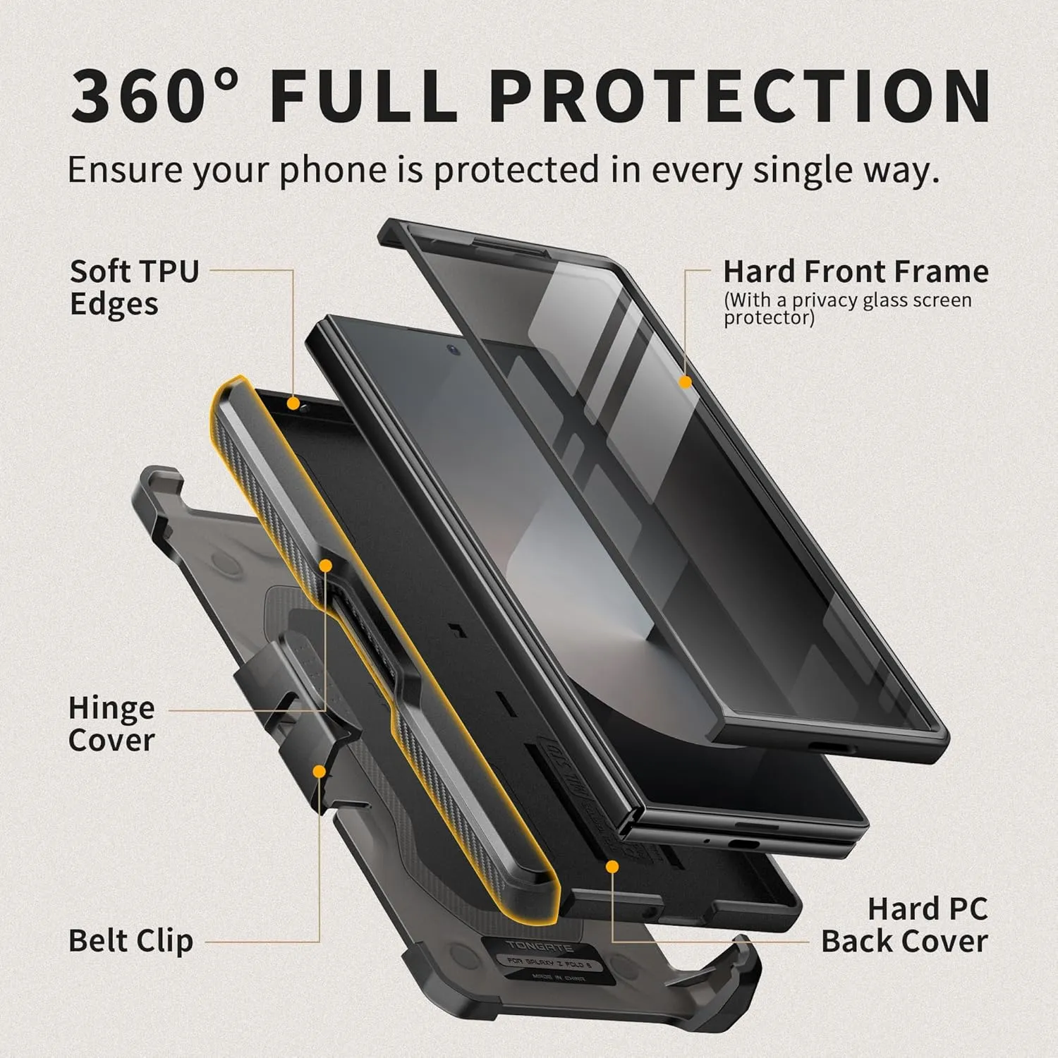 TONGATE for Z Fold 6 Case, [with S Pen Slot & Hinge Protection] [Privacy Glass Screen Protector] Full-Body Military Drop Phone Cases for Samsung Galaxy Z Fold 6 Case with Kickstand & Belt Clip, Black