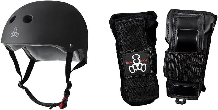 Triple Eight The Certified Sweatsaver Helmet for Skateboarding, BMX, and Roller Skating, Black Rubber, Small/Medium & Triple 8 Saver Series Wristsaver II - Slide On Wrist Guard (Black, Medium)