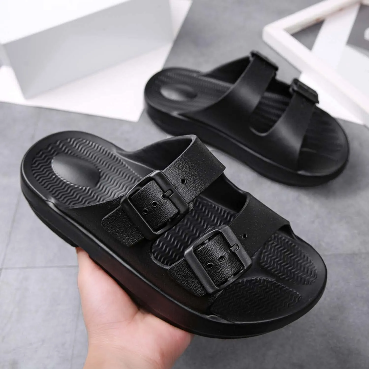 Unisex Flat Slide Sandals Platform Slippers Comfort Footbed Adjustable Slides Double Buckle Slip On EVA Summer Shoes