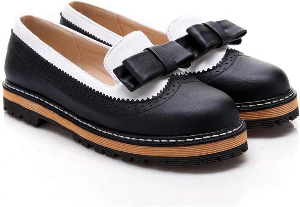 VOKLIN Women's Flat Bow Two Tone Slip On Oxford Shoes Wingtip Perforated Low Heels School Oxfords Brogues