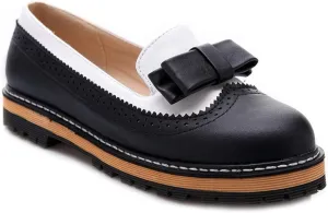 VOKLIN Women's Flat Bow Two Tone Slip On Oxford Shoes Wingtip Perforated Low Heels School Oxfords Brogues