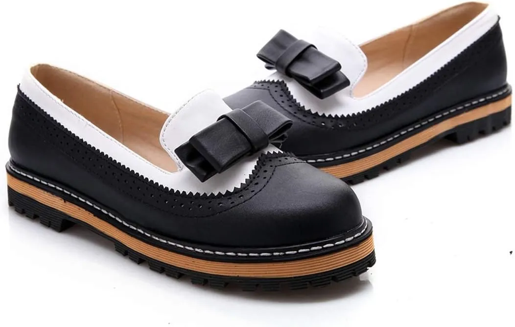 VOKLIN Women's Flat Bow Two Tone Slip On Oxford Shoes Wingtip Perforated Low Heels School Oxfords Brogues