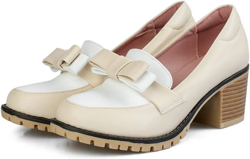 VOKLIN Women's Vintage Bow Slip On Pump Oxford Shoes Two Tone Wingtip Block Mid Heels Dress Oxfords Brogues