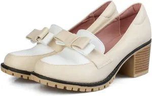 VOKLIN Women's Vintage Bow Slip On Pump Oxford Shoes Two Tone Wingtip Block Mid Heels Dress Oxfords Brogues