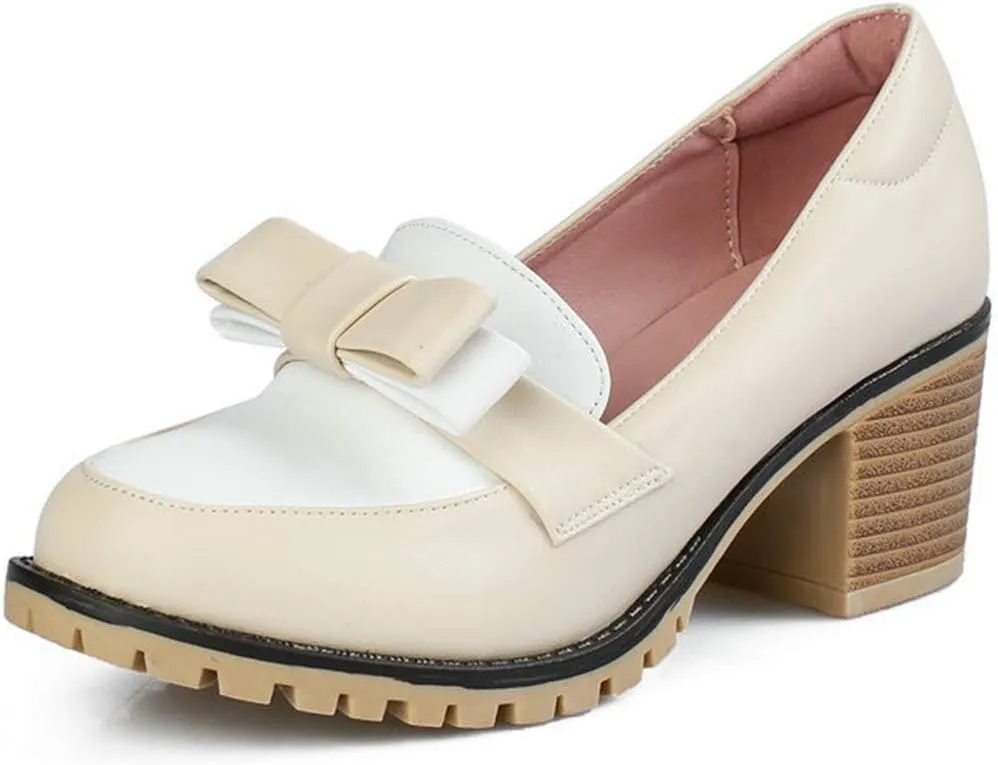 VOKLIN Women's Vintage Bow Slip On Pump Oxford Shoes Two Tone Wingtip Block Mid Heels Dress Oxfords Brogues