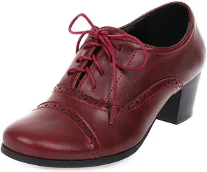 VOKLIN Women's Vintage Pump Oxfords Brogues Wingtip Lace Up Perforated Chunky Block Mid Heels Dress Shoes