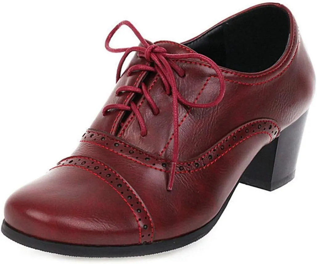 VOKLIN Women's Vintage Pump Oxfords Brogues Wingtip Lace Up Perforated Chunky Block Mid Heels Dress Shoes