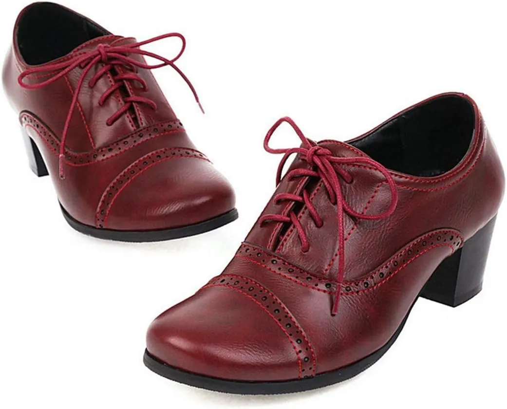 VOKLIN Women's Vintage Pump Oxfords Brogues Wingtip Lace Up Perforated Chunky Block Mid Heels Dress Shoes