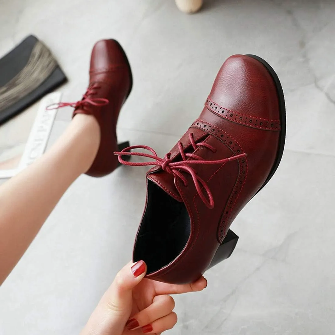 VOKLIN Women's Vintage Pump Oxfords Brogues Wingtip Lace Up Perforated Chunky Block Mid Heels Dress Shoes