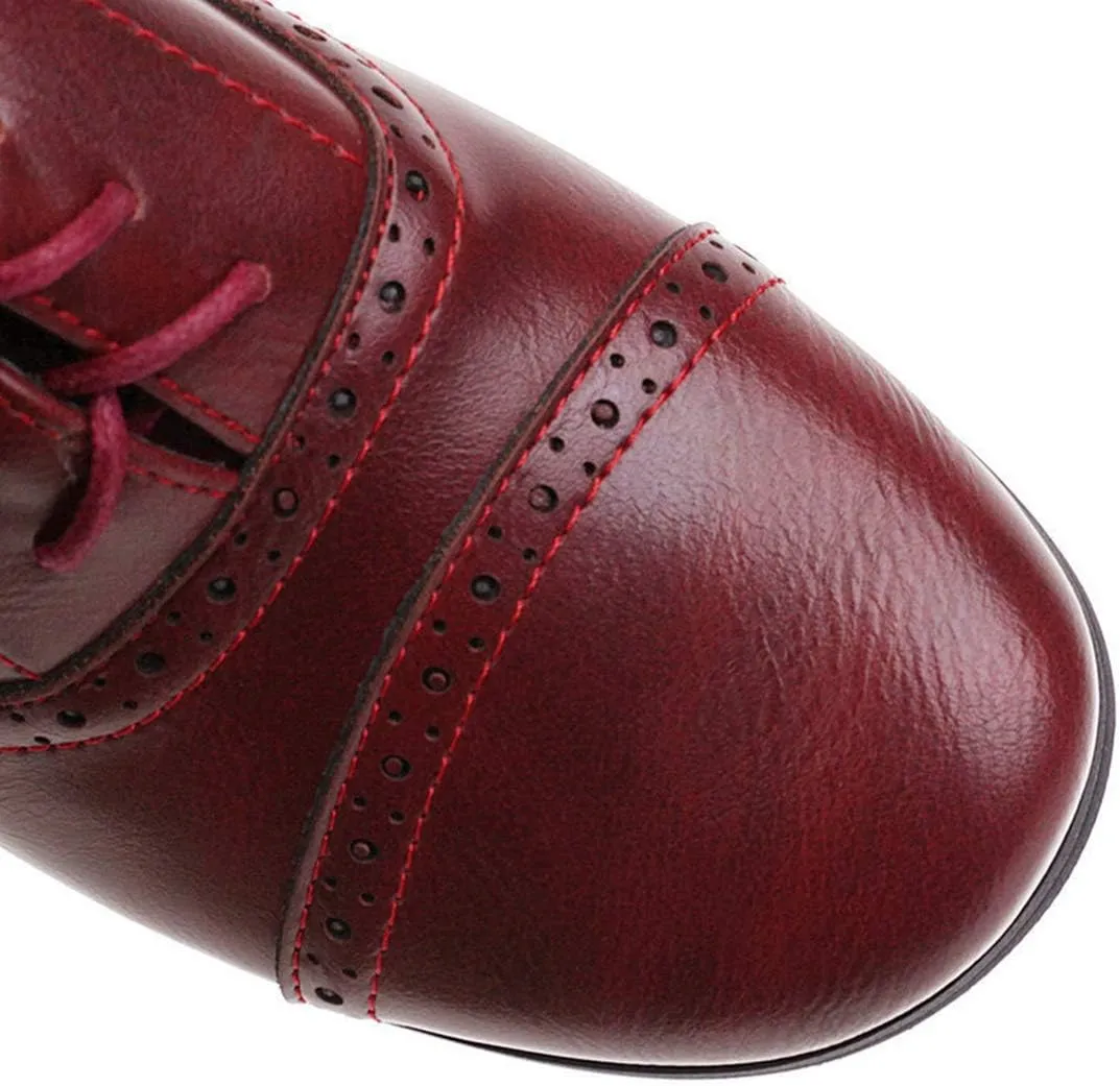 VOKLIN Women's Vintage Pump Oxfords Brogues Wingtip Lace Up Perforated Chunky Block Mid Heels Dress Shoes