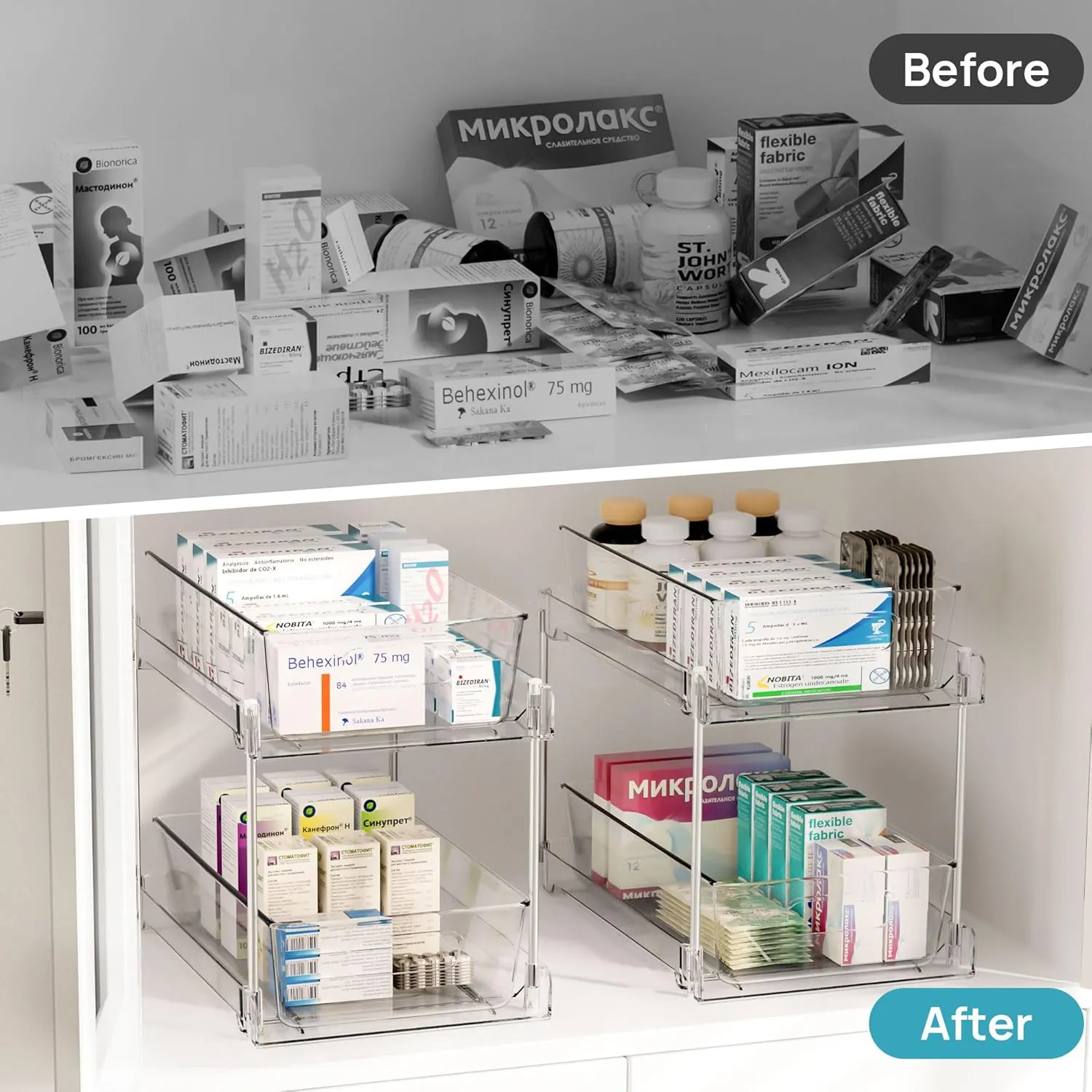 Vtopmart 2 Tier Bathroom Storage Organizer, 2 Pack Clear Under Sink Organizers Vanity Counter Container, Cabinet Drawers Bins, Pull-Out Organization with Track for Pantry, Kitchen