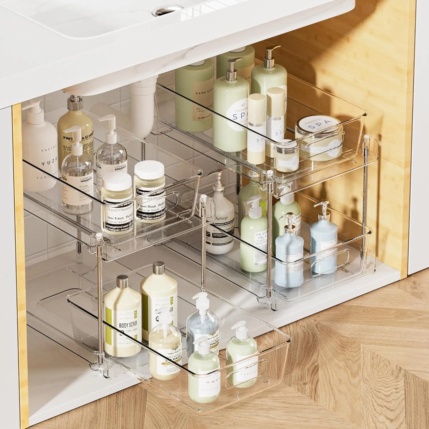 Vtopmart 2 Tier Bathroom Storage Organizer, 2 Pack Clear Under Sink Organizers Vanity Counter Container, Cabinet Drawers Bins, Pull-Out Organization with Track for Pantry, Kitchen
