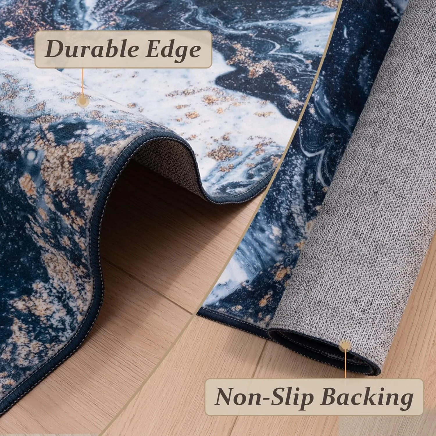 Washable Area Rug 4x6 - Artistic Style Modern Rug for Living Room Bedroom Dining Room, Soft Low Pile Machine Washable Carpet, Non Slip Non Shedding Area Rug - Dark Blue/Gold, 4'x6'