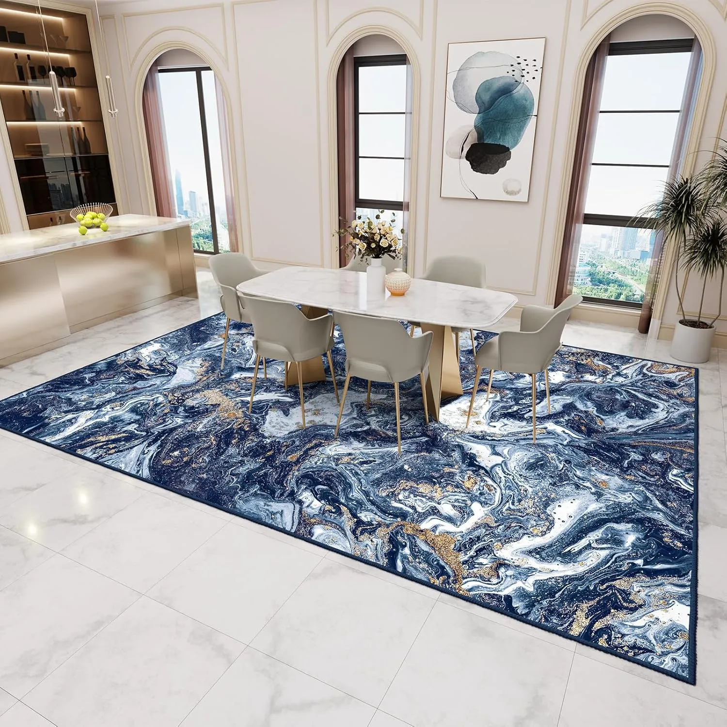 Washable Area Rug 4x6 - Artistic Style Modern Rug for Living Room Bedroom Dining Room, Soft Low Pile Machine Washable Carpet, Non Slip Non Shedding Area Rug - Dark Blue/Gold, 4'x6'
