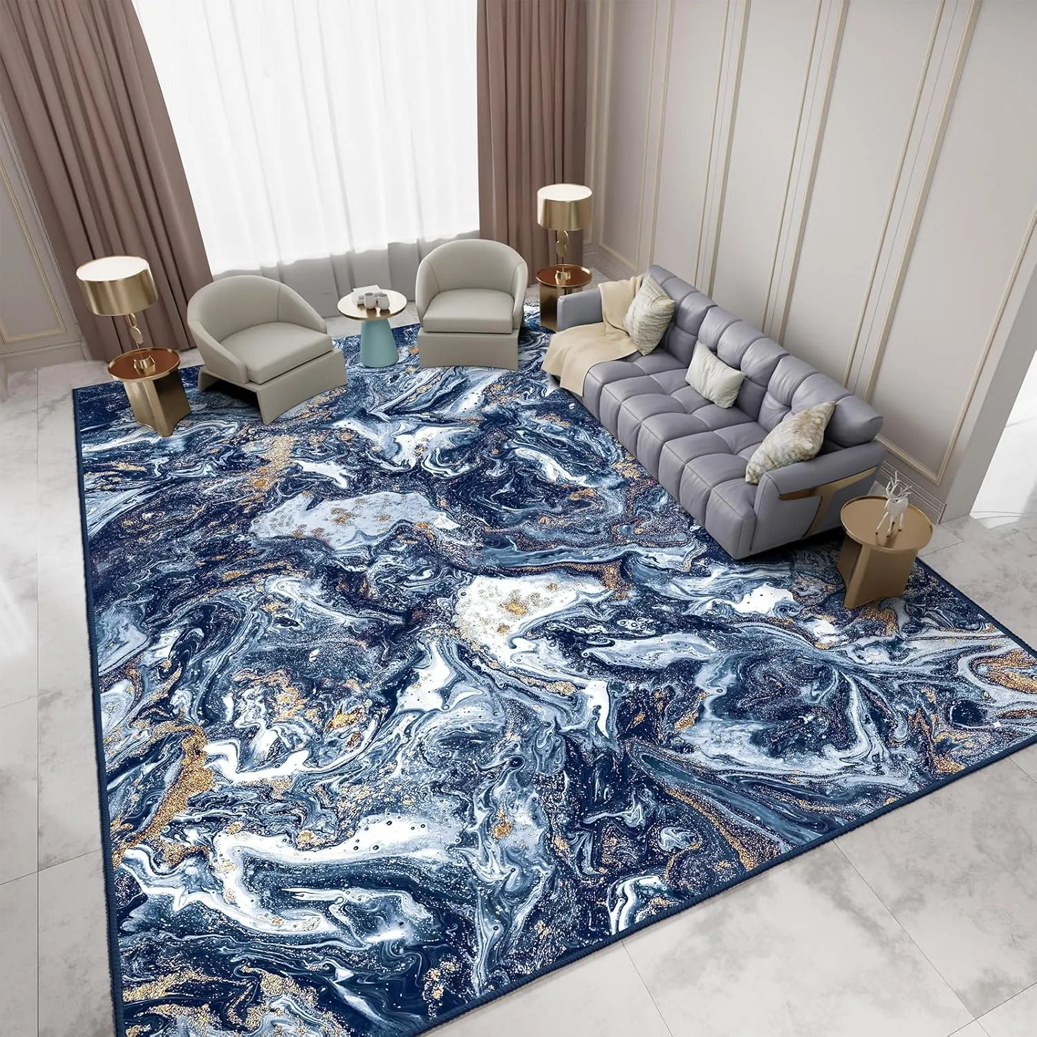 Washable Area Rug 4x6 - Artistic Style Modern Rug for Living Room Bedroom Dining Room, Soft Low Pile Machine Washable Carpet, Non Slip Non Shedding Area Rug - Dark Blue/Gold, 4'x6'