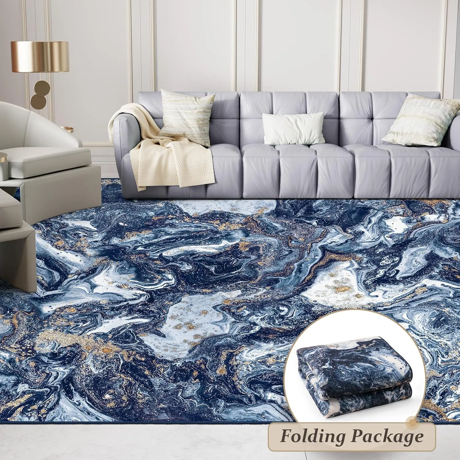 Washable Area Rug 4x6 - Artistic Style Modern Rug for Living Room Bedroom Dining Room, Soft Low Pile Machine Washable Carpet, Non Slip Non Shedding Area Rug - Dark Blue/Gold, 4'x6'