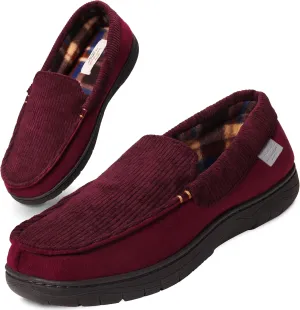 Weatherproof Vintage Venetian Corduroy Slippers for Men, Warm Moccasin-Style Indoor Outdoor House Shoes with Memory Foam, Fleece Lining, and Non-Slip Sole