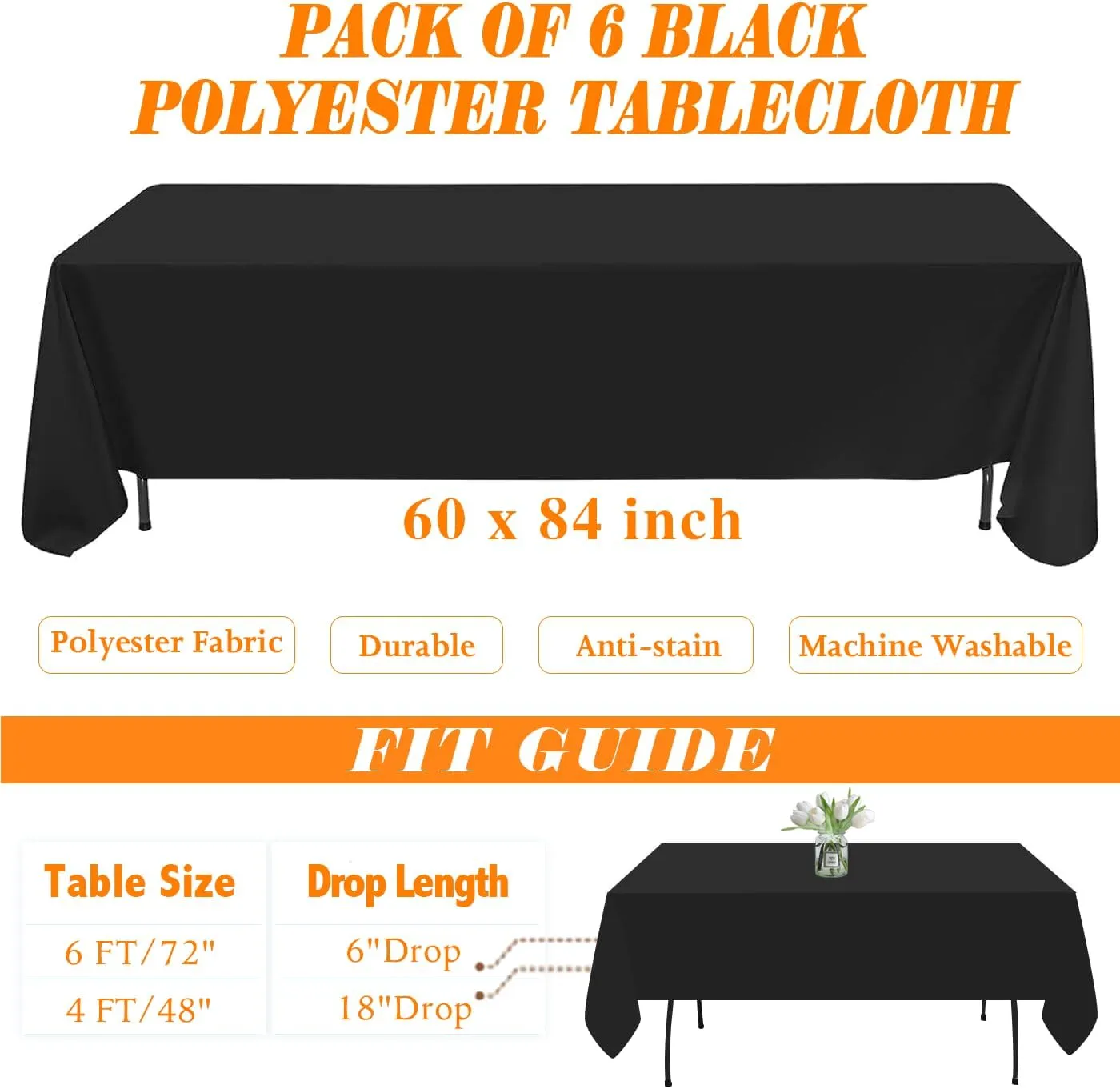 WIGENIUS 6 Pack Black Table Cloth Rectangle Tablecloths 60X84 Inch,Polyester Table Cloth for 4 Foot Rectangle Tables,Wrinkle Resistant Washable Fabric Table Covers for Party,Wedding Banquet