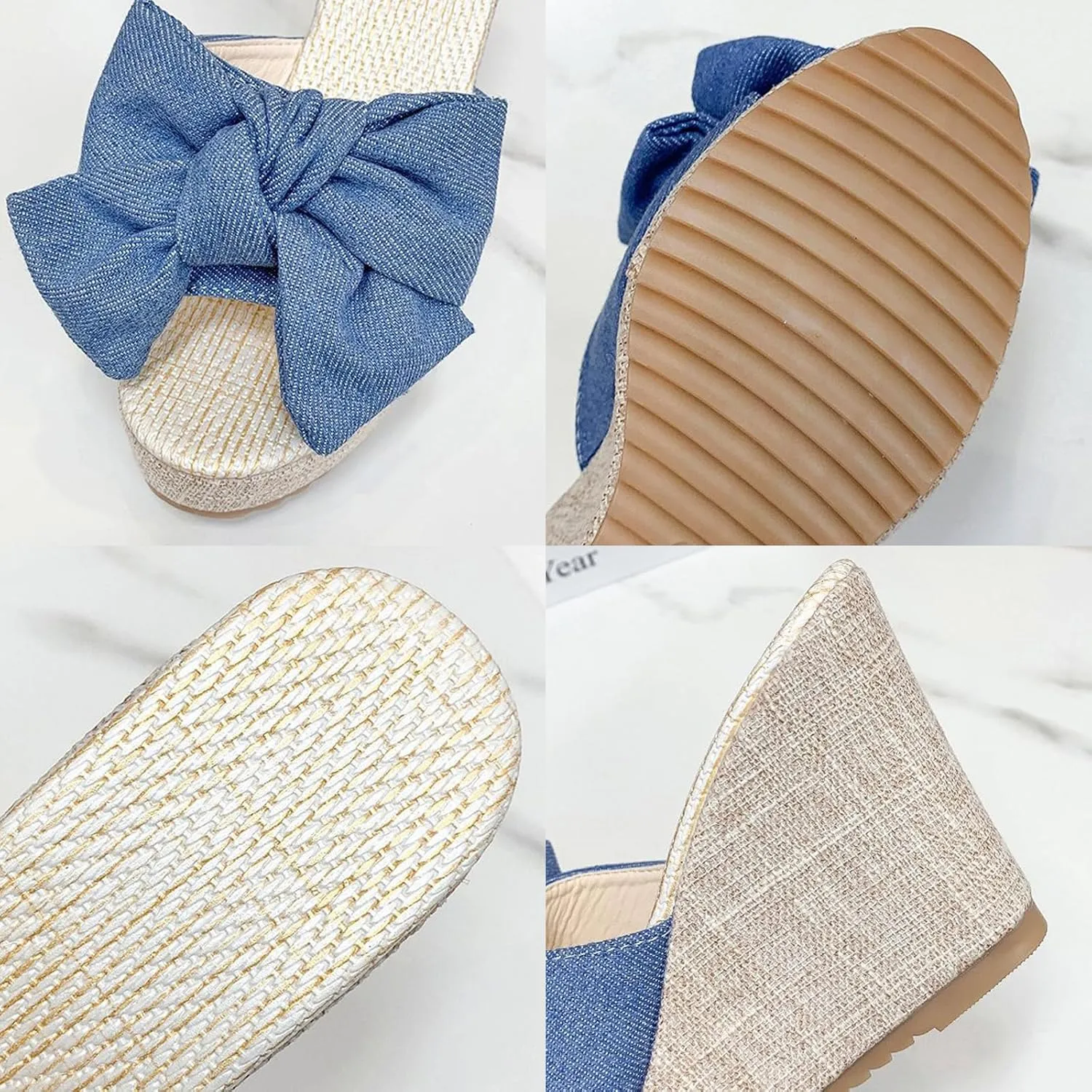 Women Canvas Bowknot Platform Wedge Slide Sandals Fashion Slip-On Round Open Toe Orthopedic Sandals Summer Casual Non-Slip Walking Slides