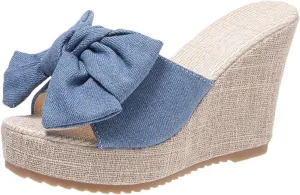 Women Canvas Bowknot Platform Wedge Slide Sandals Fashion Slip-On Round Open Toe Orthopedic Sandals Summer Casual Non-Slip Walking Slides