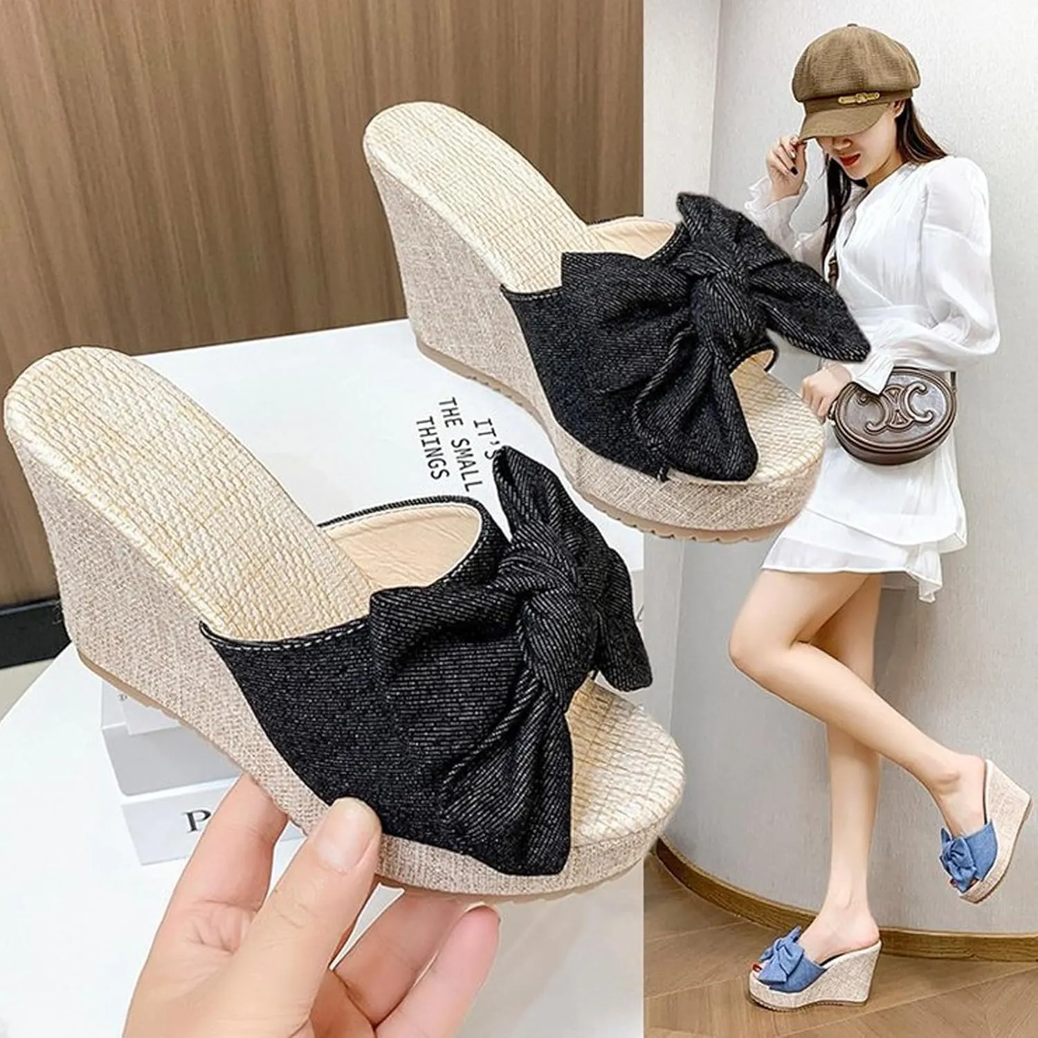 Women Canvas Bowknot Platform Wedge Slide Sandals Fashion Slip-On Round Open Toe Orthopedic Sandals Summer Casual Non-Slip Walking Slides