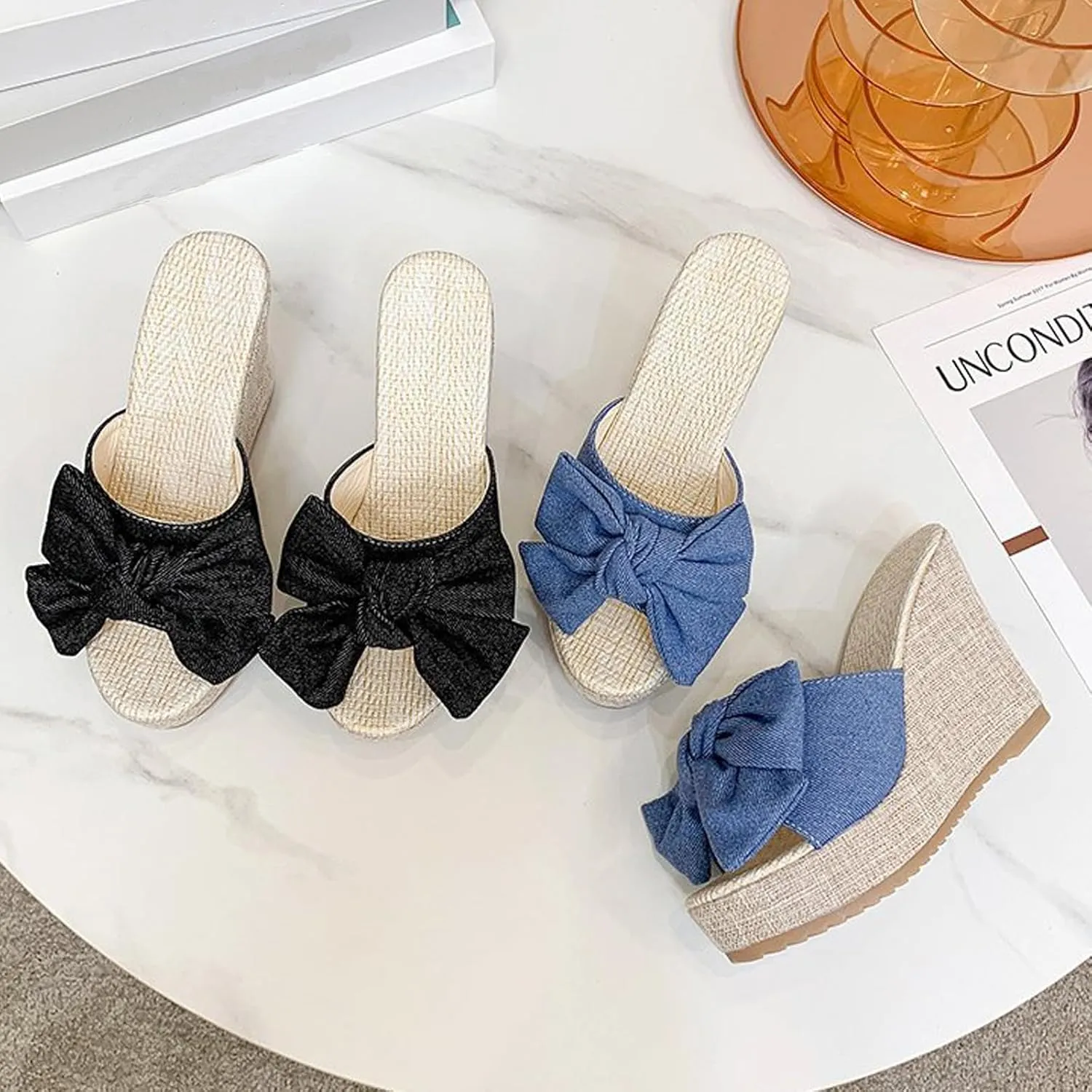Women Canvas Bowknot Platform Wedge Slide Sandals Fashion Slip-On Round Open Toe Orthopedic Sandals Summer Casual Non-Slip Walking Slides