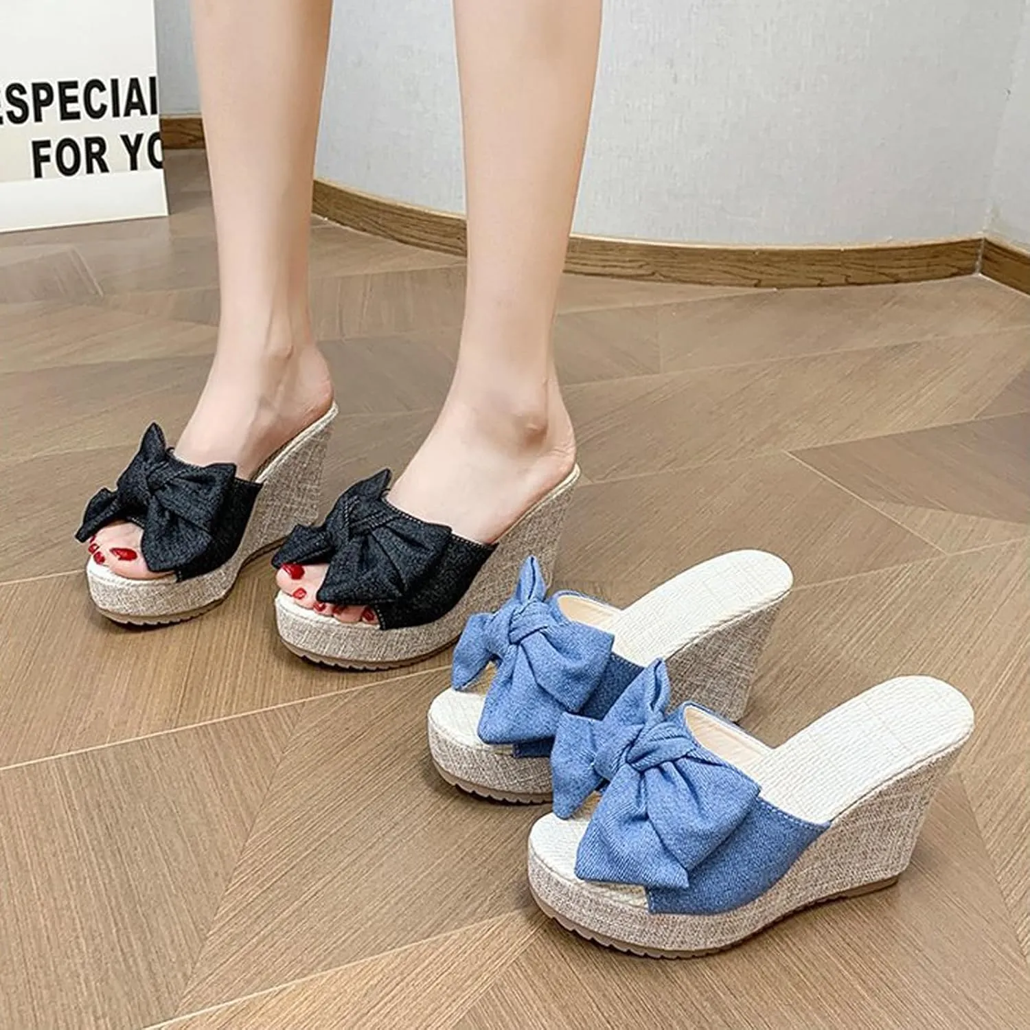 Women Canvas Bowknot Platform Wedge Slide Sandals Fashion Slip-On Round Open Toe Orthopedic Sandals Summer Casual Non-Slip Walking Slides