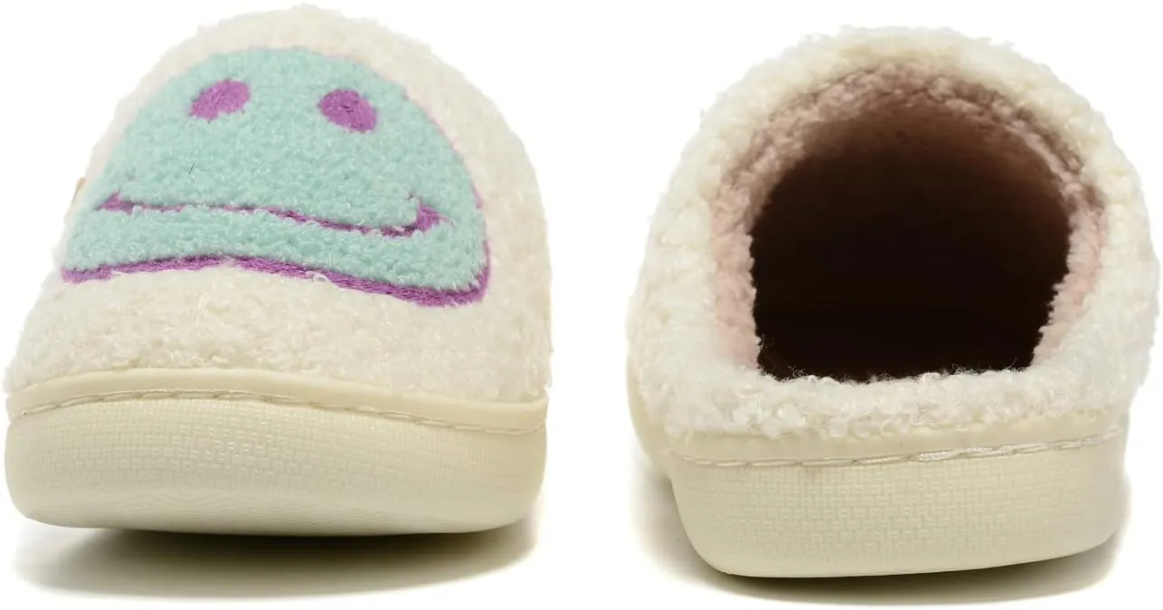 Women Men Retro Fuzzy Face Slippers Retro Soft Fluffy Warm Home Non-Slip Couple Style Casual Happy Face Slippers Soft Memory Foam Fuzzy Slides Indoor Outdoor Anti-Skid Warm Cozy Foam Slide