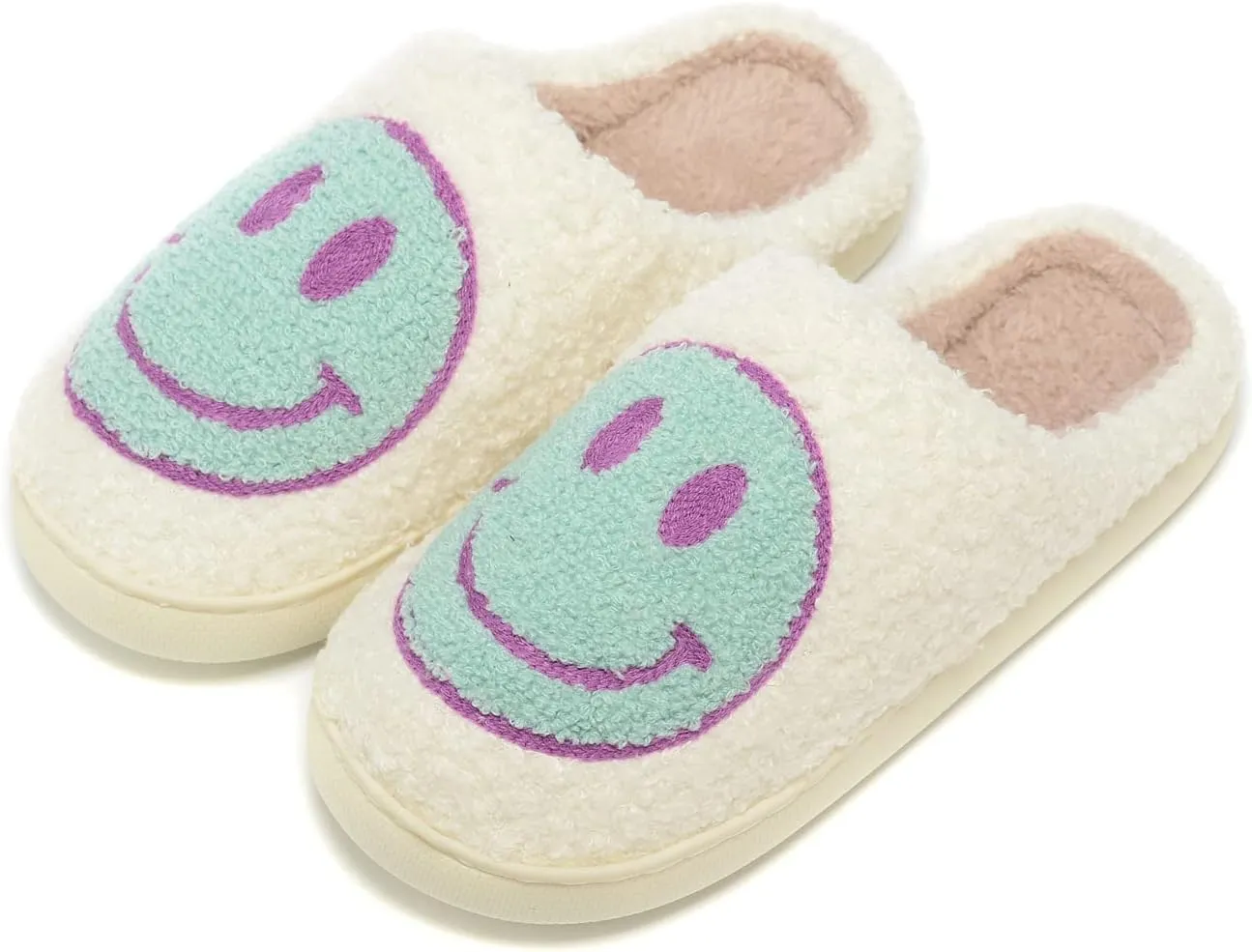 Women Men Retro Fuzzy Face Slippers Retro Soft Fluffy Warm Home Non-Slip Couple Style Casual Happy Face Slippers Soft Memory Foam Fuzzy Slides Indoor Outdoor Anti-Skid Warm Cozy Foam Slide