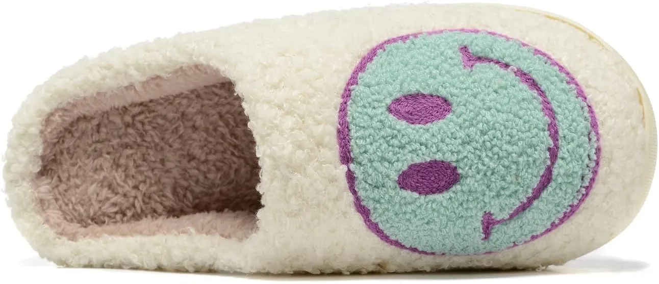 Women Men Retro Fuzzy Face Slippers Retro Soft Fluffy Warm Home Non-Slip Couple Style Casual Happy Face Slippers Soft Memory Foam Fuzzy Slides Indoor Outdoor Anti-Skid Warm Cozy Foam Slide