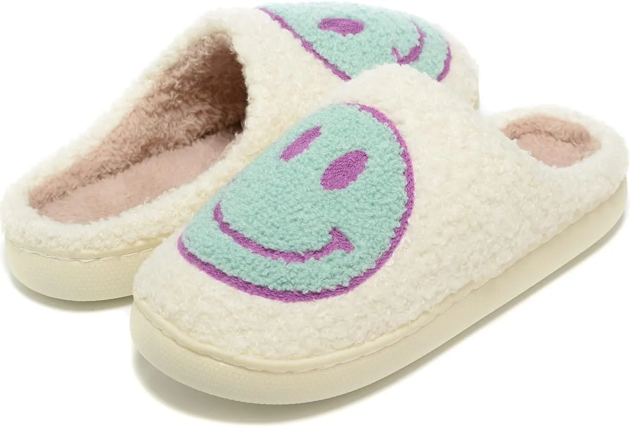 Women Men Retro Fuzzy Face Slippers Retro Soft Fluffy Warm Home Non-Slip Couple Style Casual Happy Face Slippers Soft Memory Foam Fuzzy Slides Indoor Outdoor Anti-Skid Warm Cozy Foam Slide