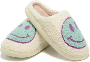 Women Men Retro Fuzzy Face Slippers Retro Soft Fluffy Warm Home Non-Slip Couple Style Casual Happy Face Slippers Soft Memory Foam Fuzzy Slides Indoor Outdoor Anti-Skid Warm Cozy Foam Slide