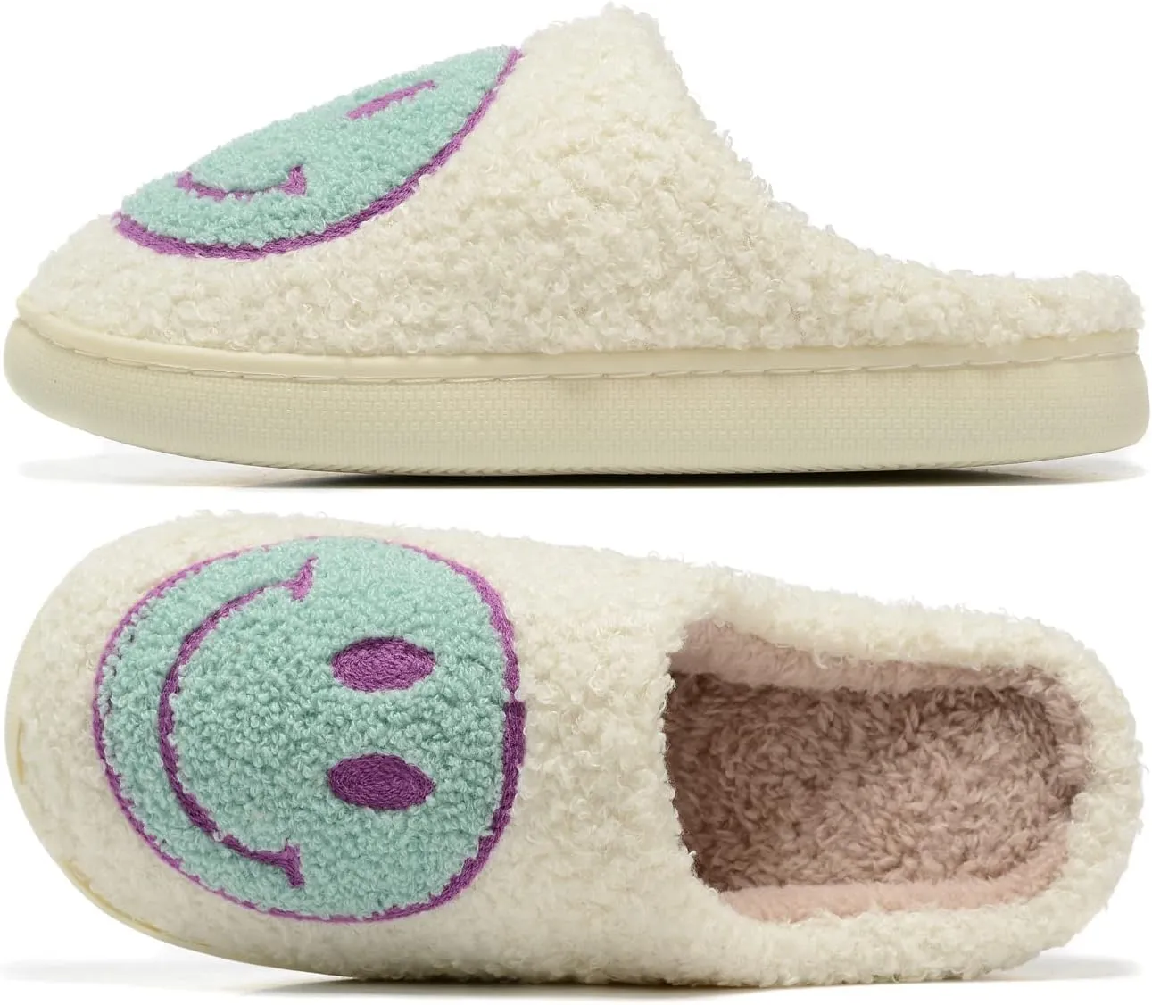 Women Men Retro Fuzzy Face Slippers Retro Soft Fluffy Warm Home Non-Slip Couple Style Casual Happy Face Slippers Soft Memory Foam Fuzzy Slides Indoor Outdoor Anti-Skid Warm Cozy Foam Slide