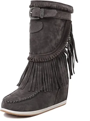 Women Mid Calf Slip On Wedge Moccasin Fringe Boots