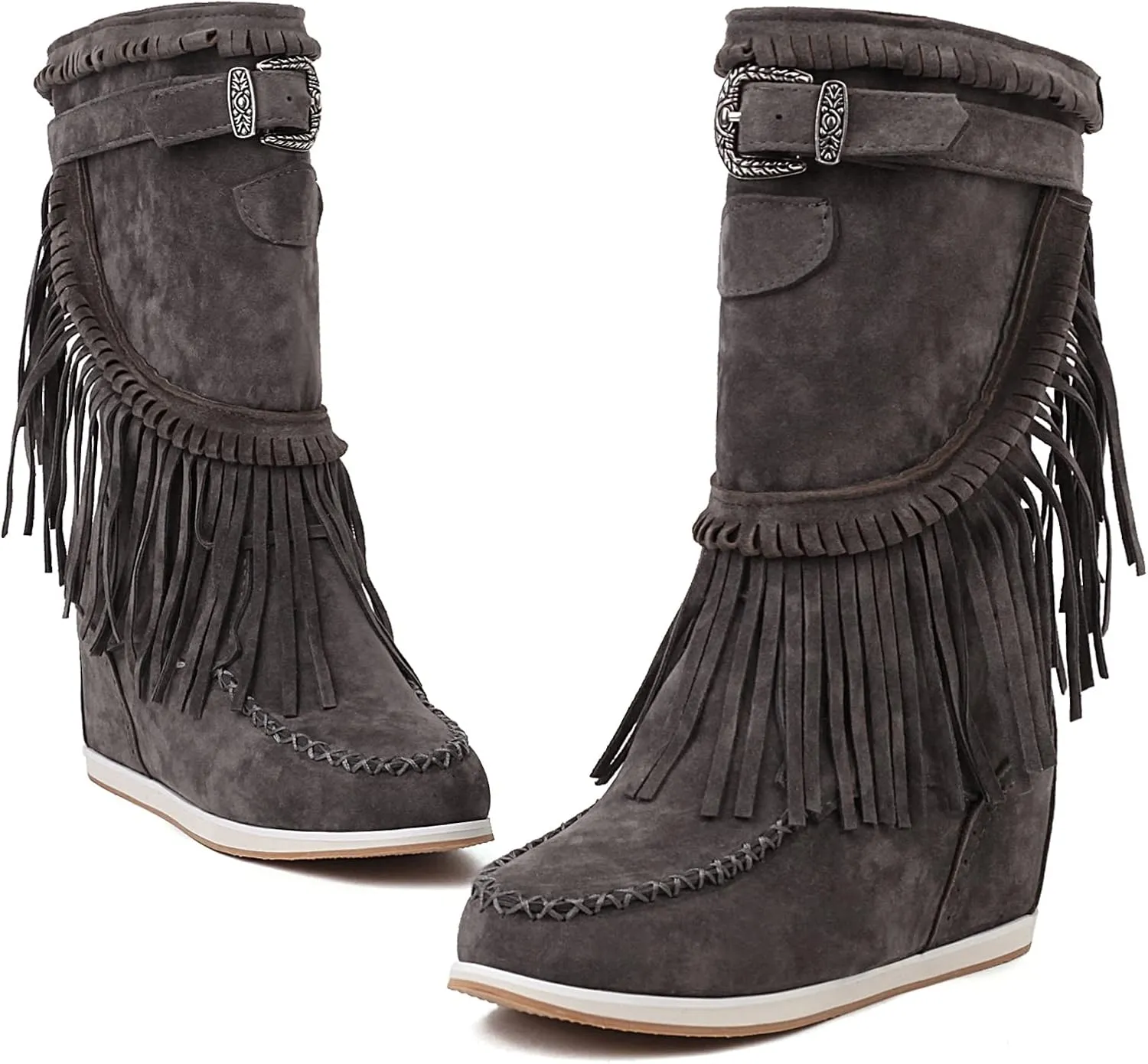 Women Mid Calf Slip On Wedge Moccasin Fringe Boots