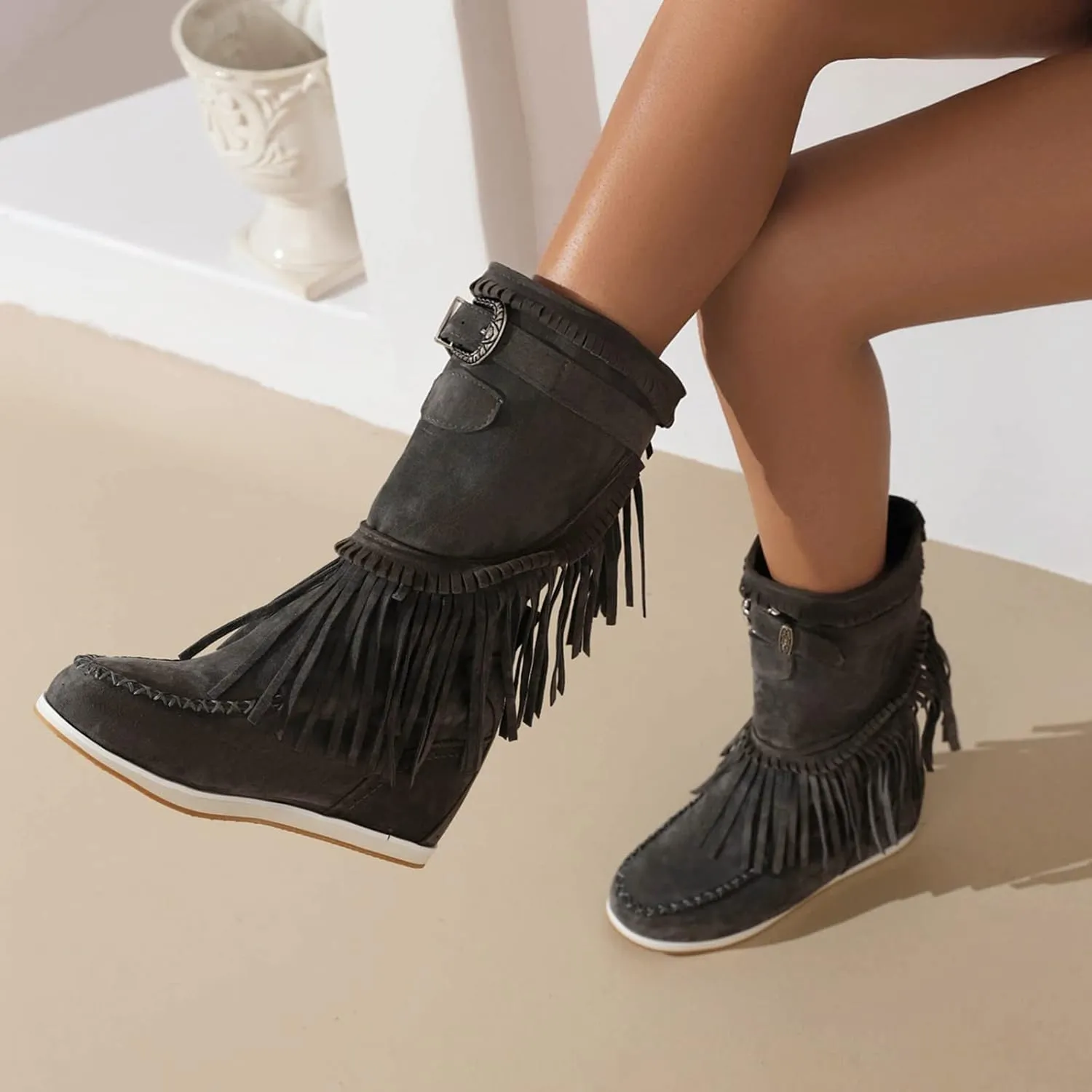 Women Mid Calf Slip On Wedge Moccasin Fringe Boots