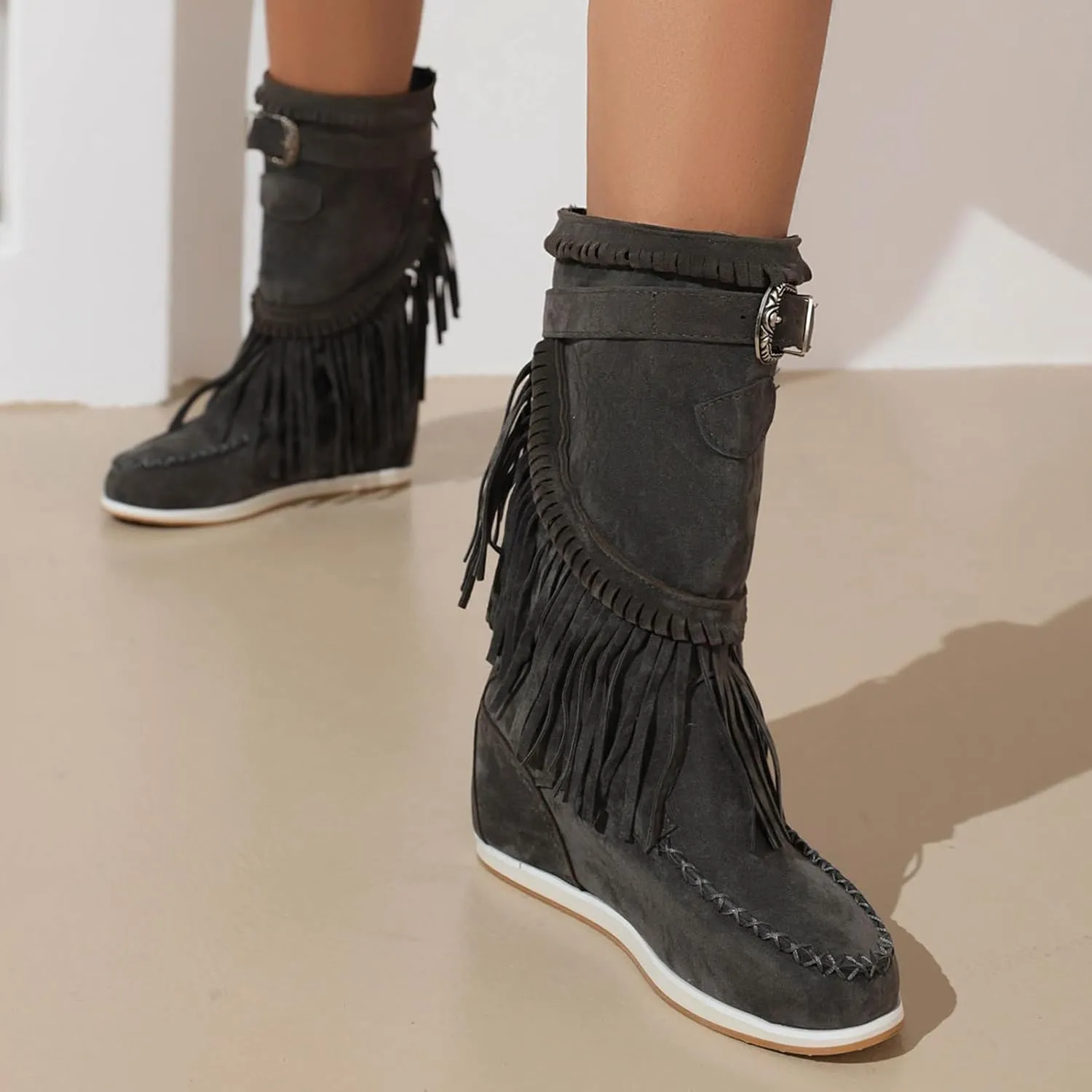 Women Mid Calf Slip On Wedge Moccasin Fringe Boots