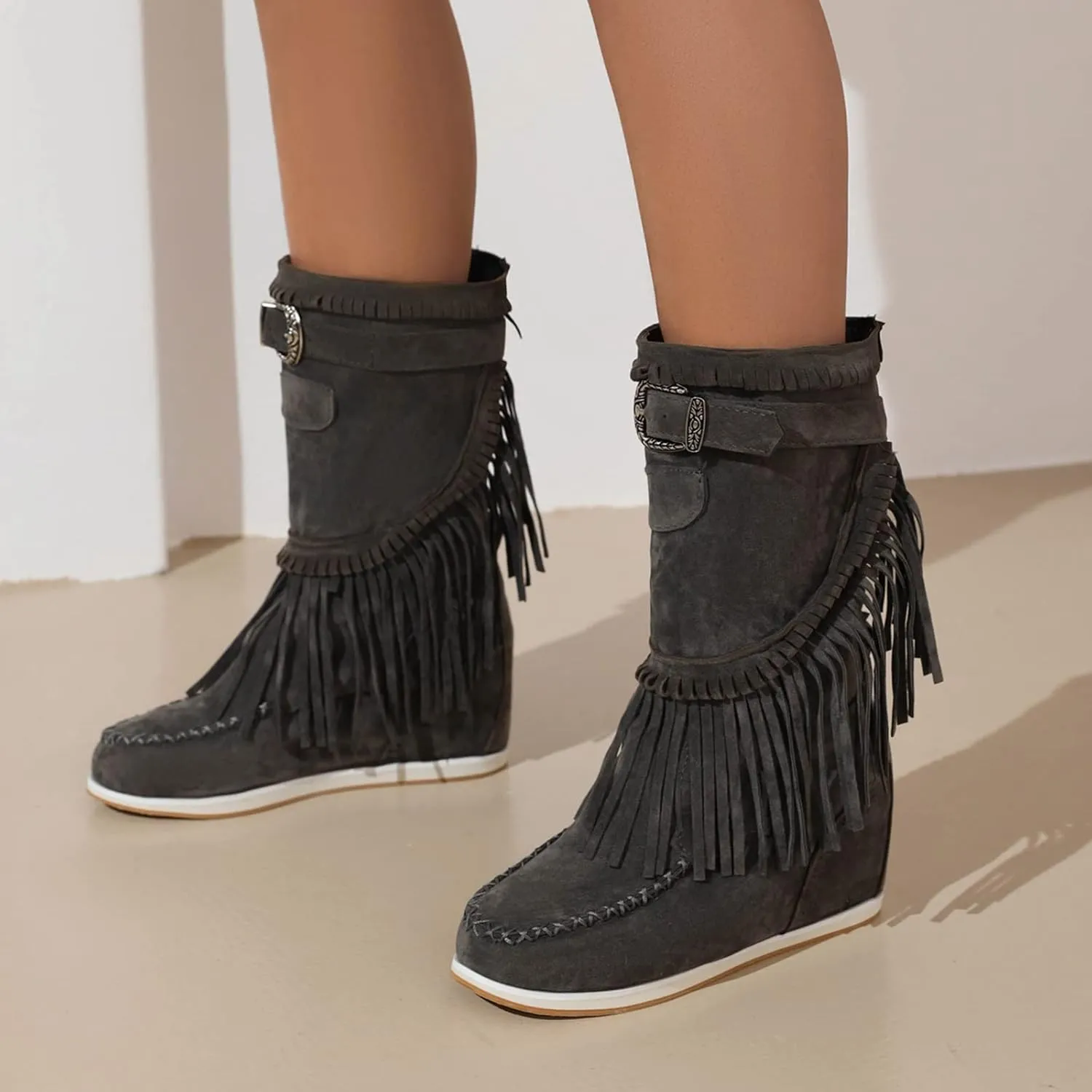 Women Mid Calf Slip On Wedge Moccasin Fringe Boots