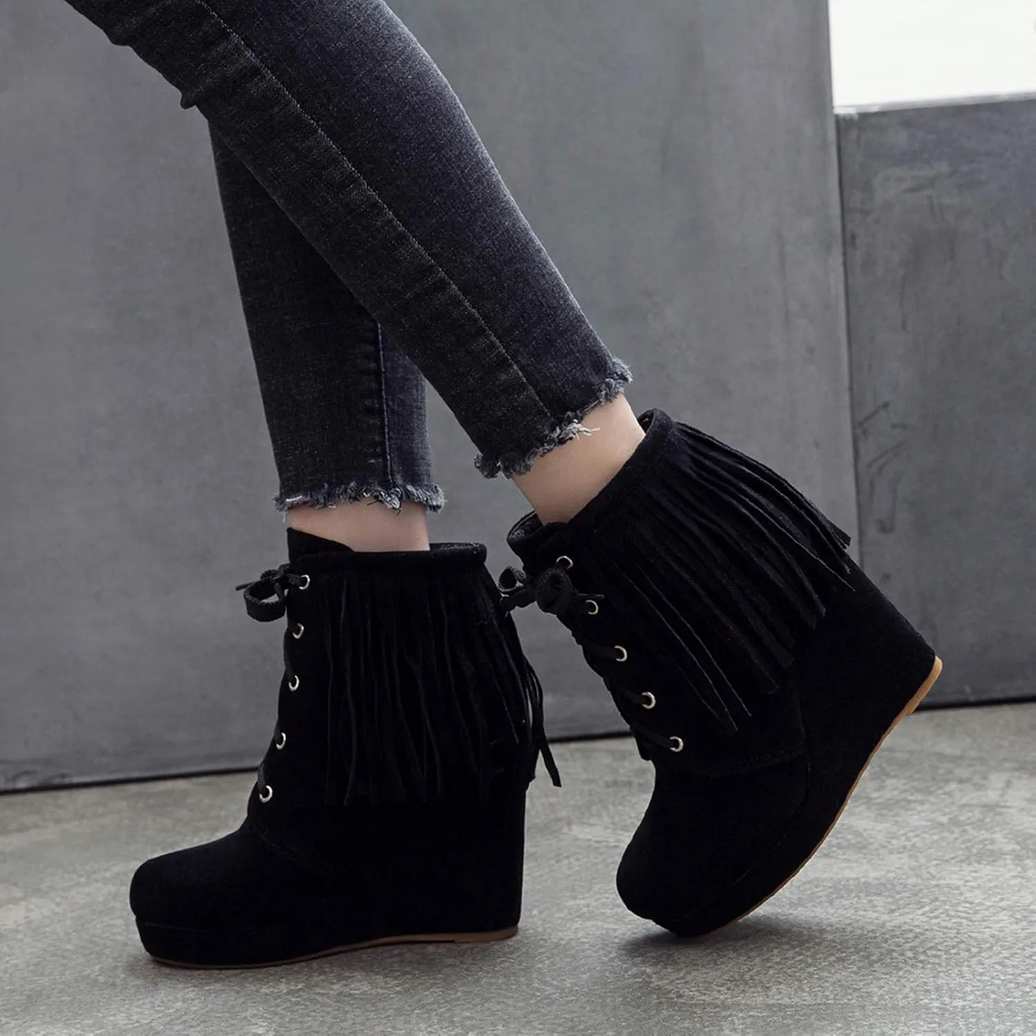 Women Slip On Mid Calf Fringe Flats Moccasin Boots