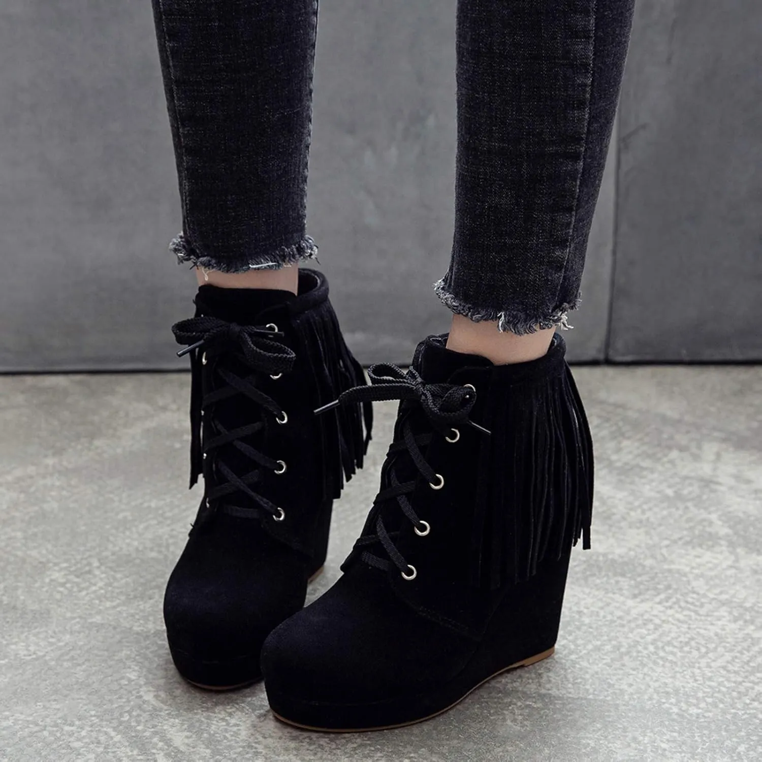 Women Slip On Mid Calf Fringe Flats Moccasin Boots