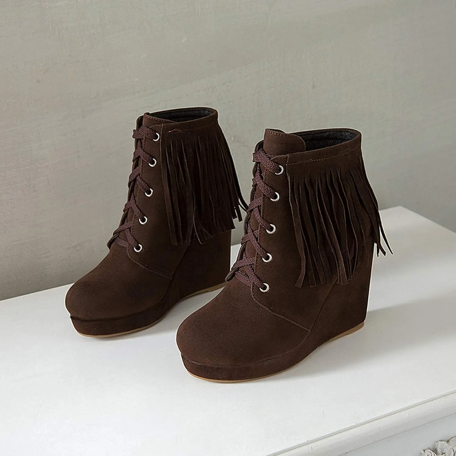 Women Slip On Mid Calf Fringe Flats Moccasin Boots