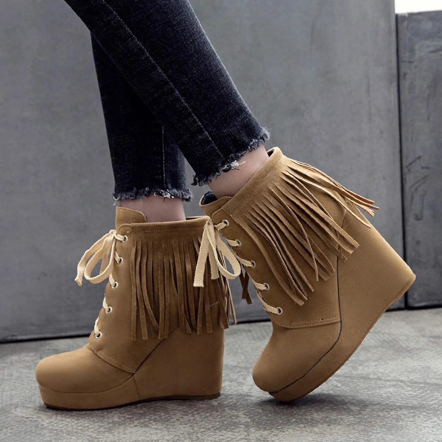 Women Slip On Mid Calf Fringe Flats Moccasin Boots