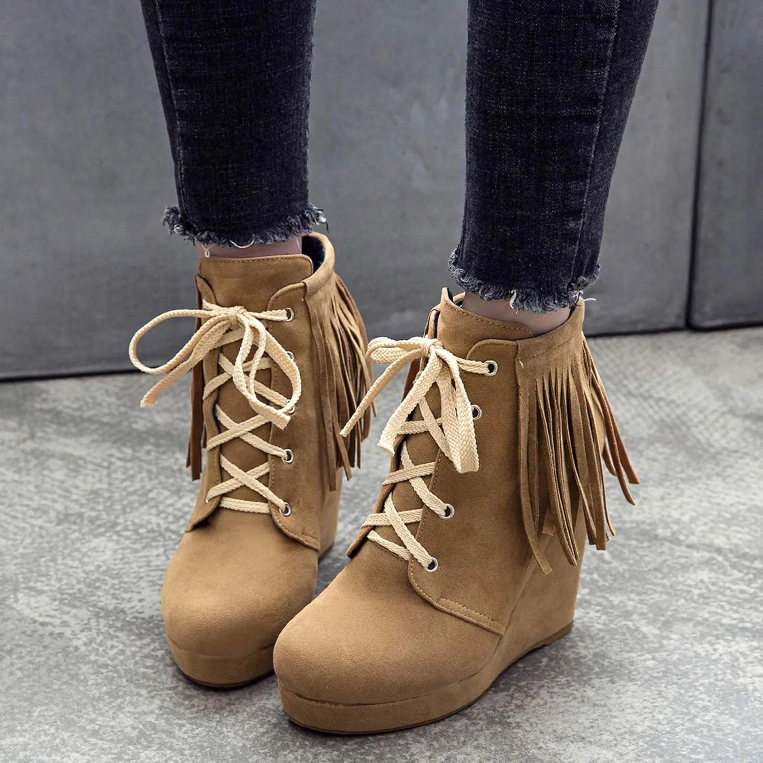 Women Slip On Mid Calf Fringe Flats Moccasin Boots
