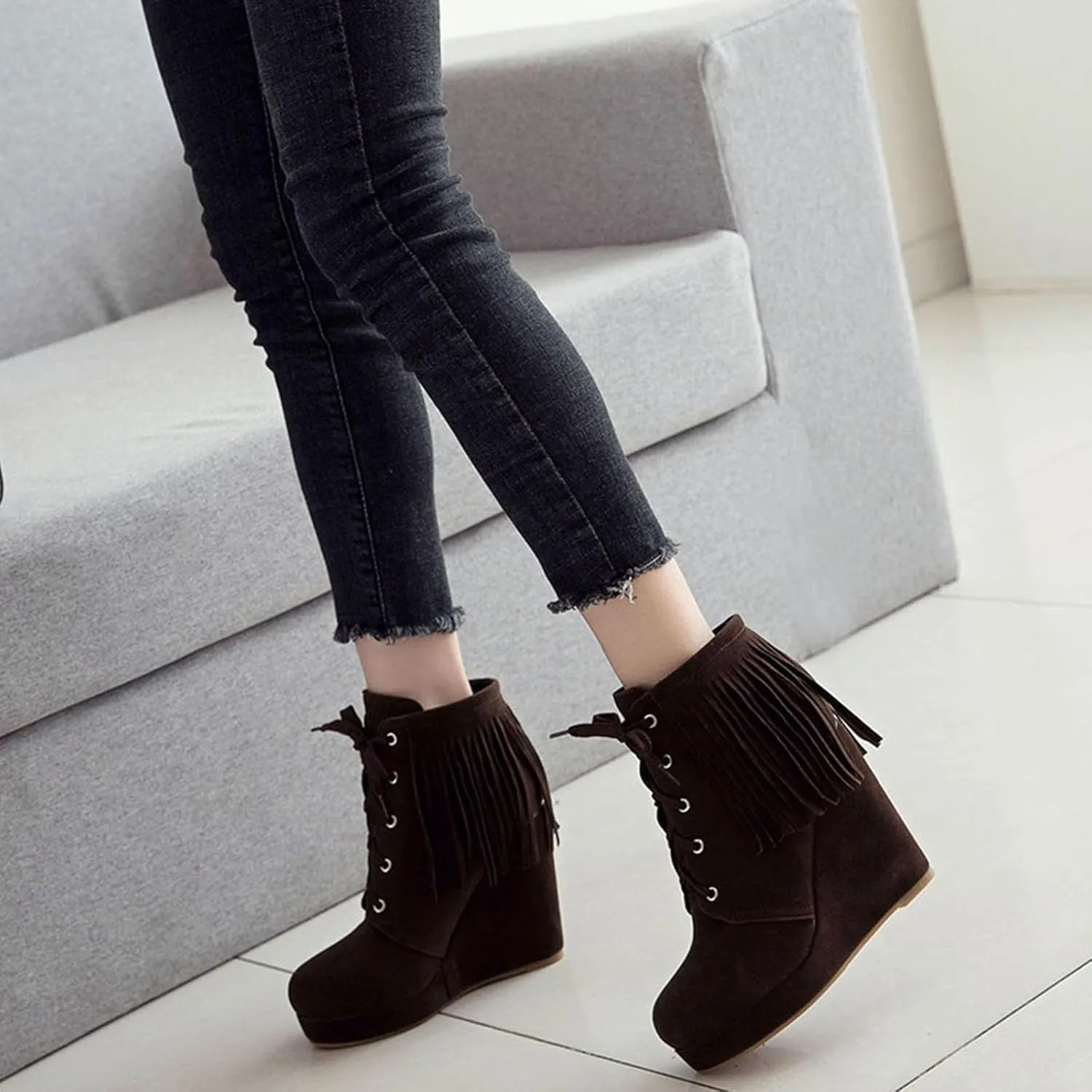 Women Slip On Mid Calf Fringe Flats Moccasin Boots