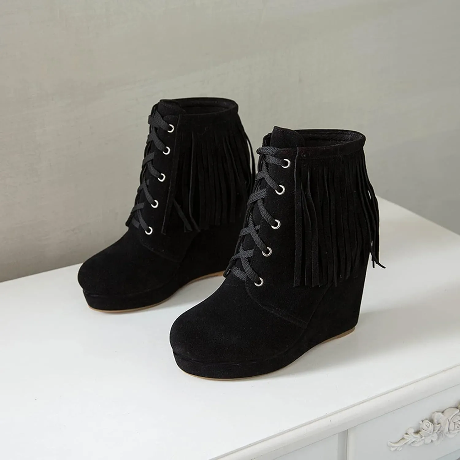 Women Slip On Mid Calf Fringe Flats Moccasin Boots