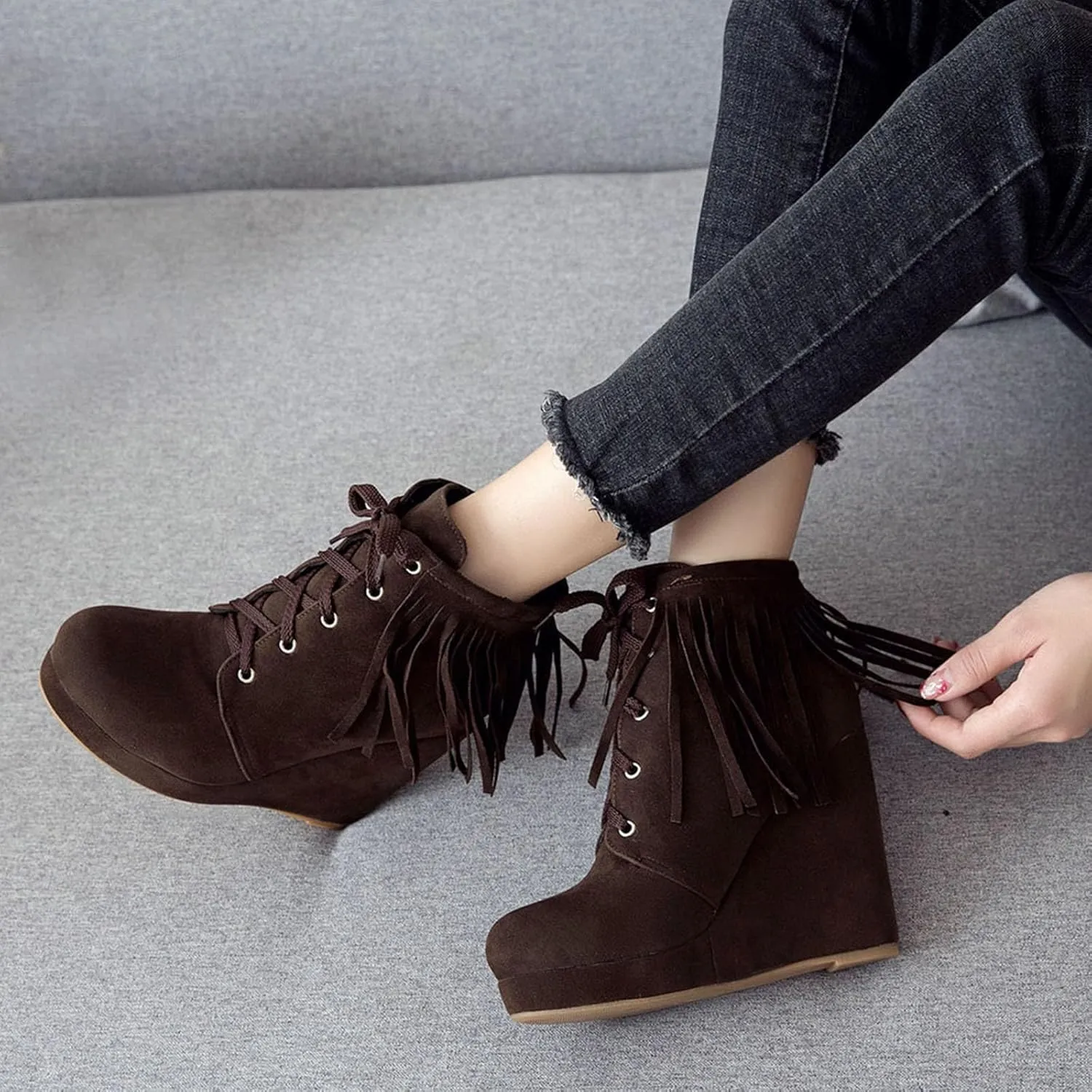 Women Slip On Mid Calf Fringe Flats Moccasin Boots
