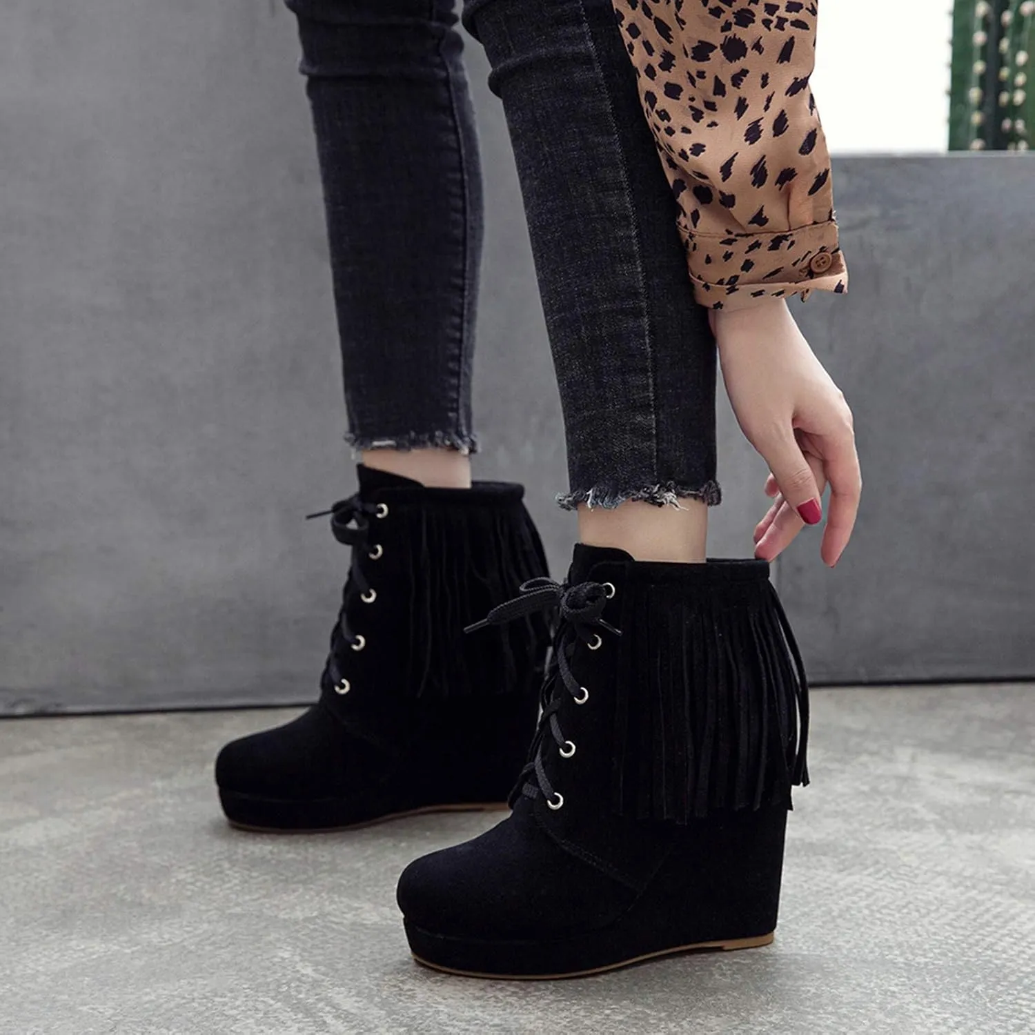 Women Slip On Mid Calf Fringe Flats Moccasin Boots