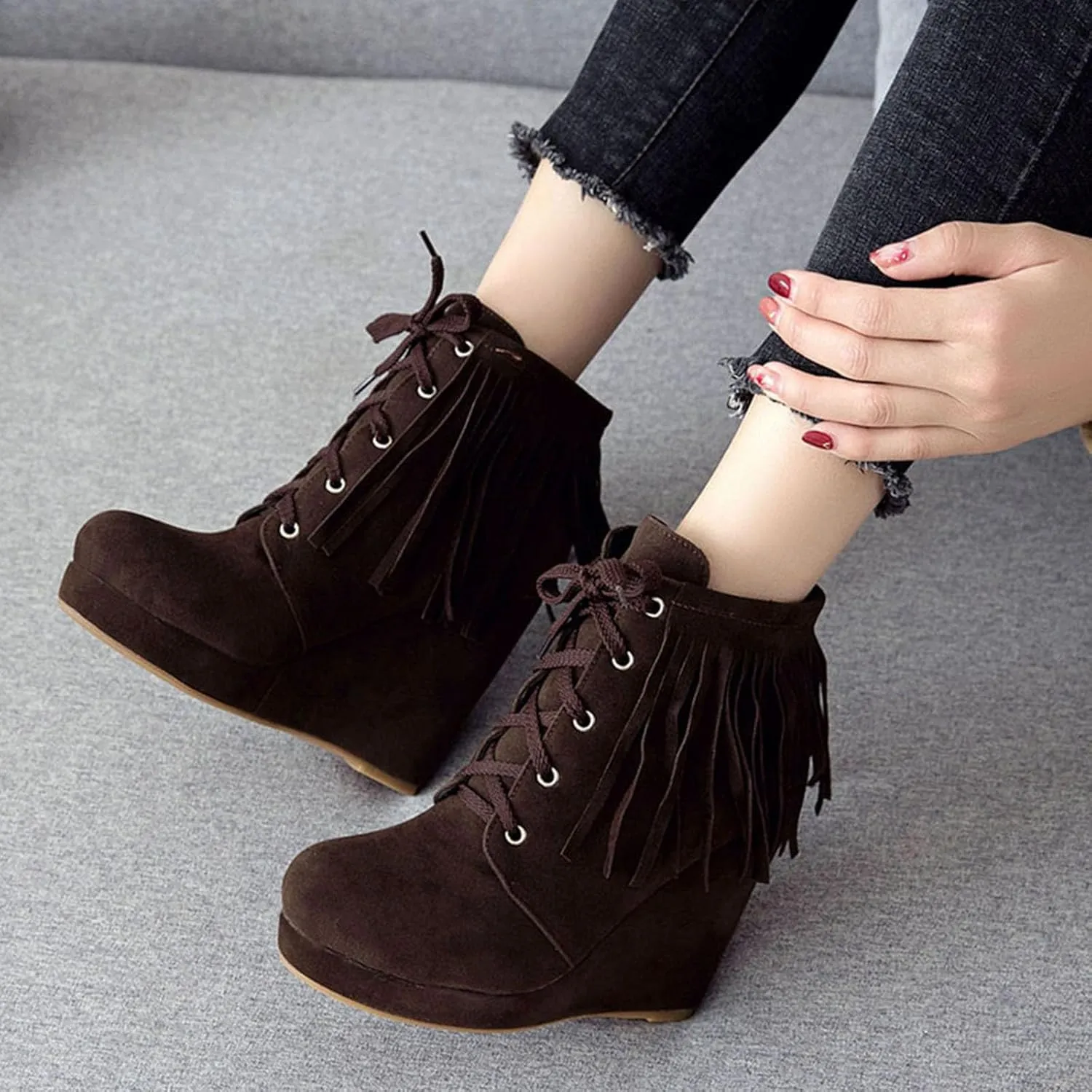 Women Slip On Mid Calf Fringe Flats Moccasin Boots