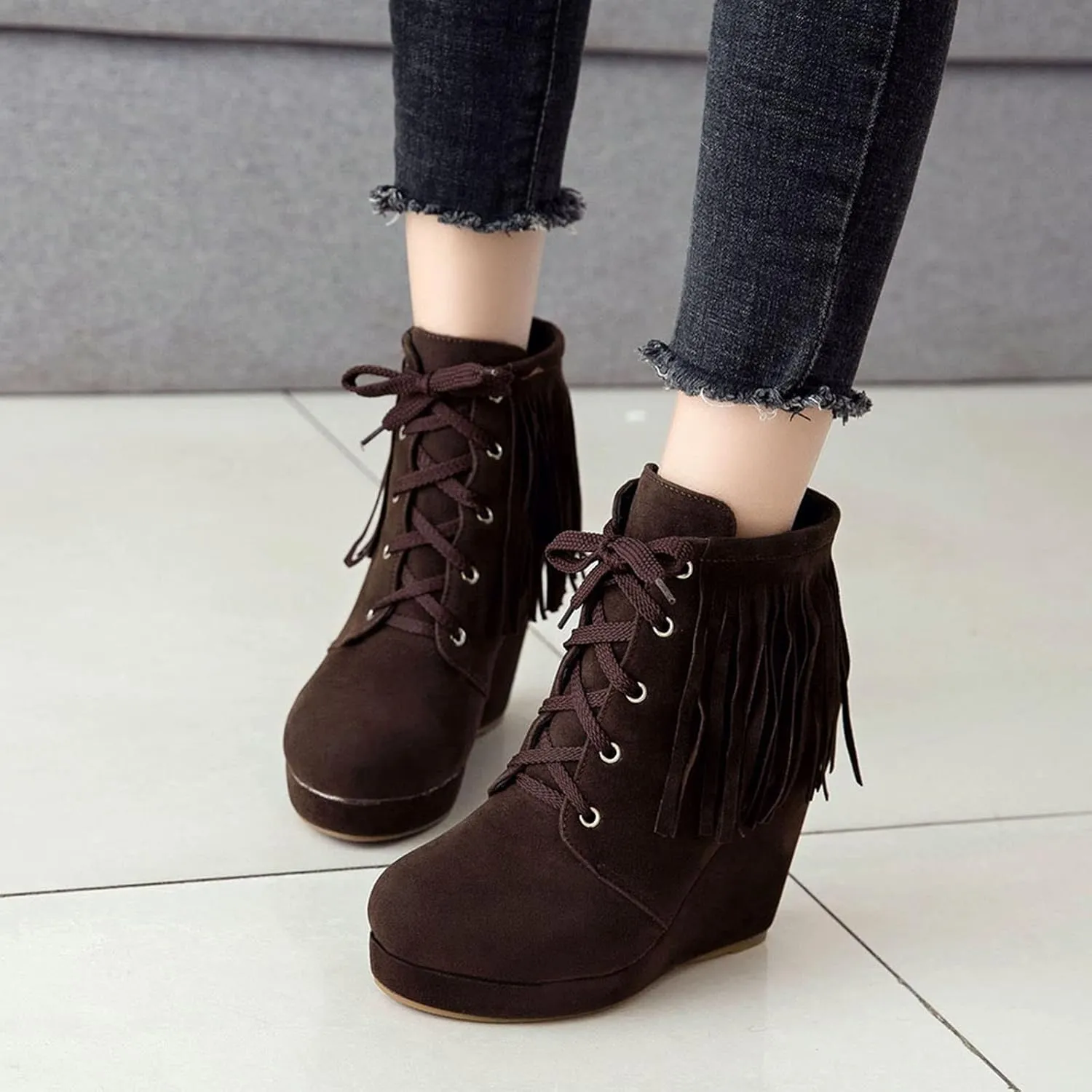 Women Slip On Mid Calf Fringe Flats Moccasin Boots